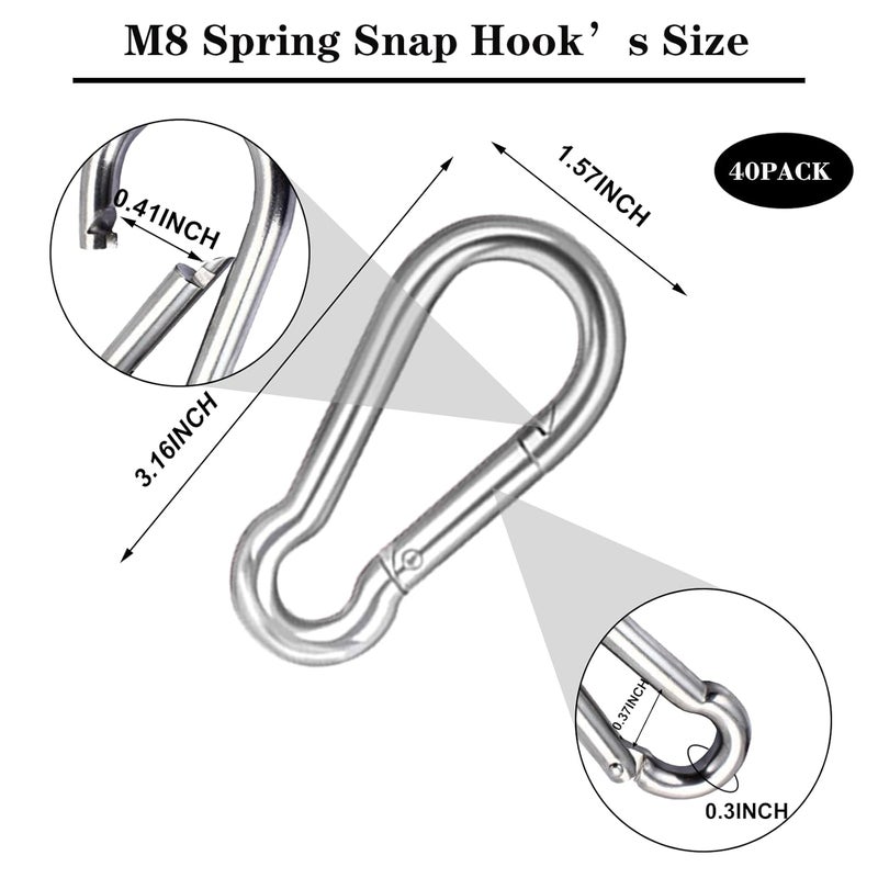 HANDRERLEE 40 PCS 3'' Spring Snap Hook Carabiner, M8 5/16 Inch Galvanized Silver Steel Carabiner Clip, 500LBS Holding Capacity Quick Link Clip Keychain for Hammock Dog Leash & Camping Gym - Image 2